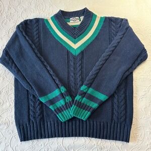 Vintage 80s Gulf Traders Cable Knit V-Neck Sweater Navy Green Stripe Size L Prep